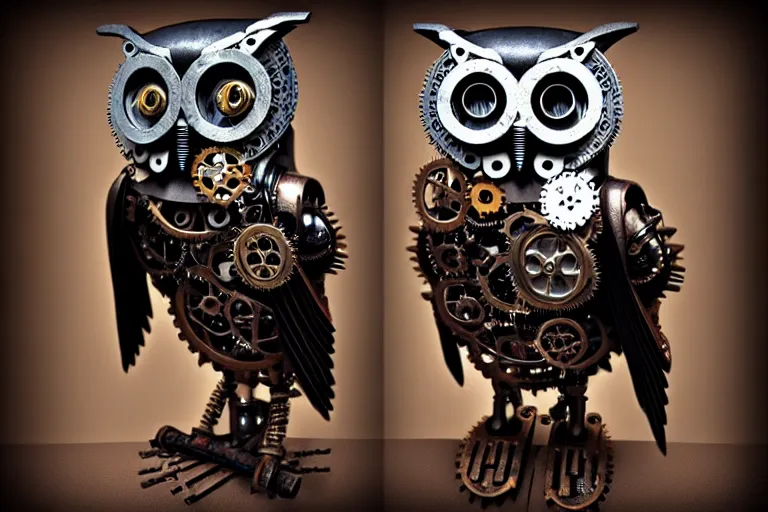 Prompt: iron owl, steampunk style, consists of many parts, many parts, high quality, 8 k