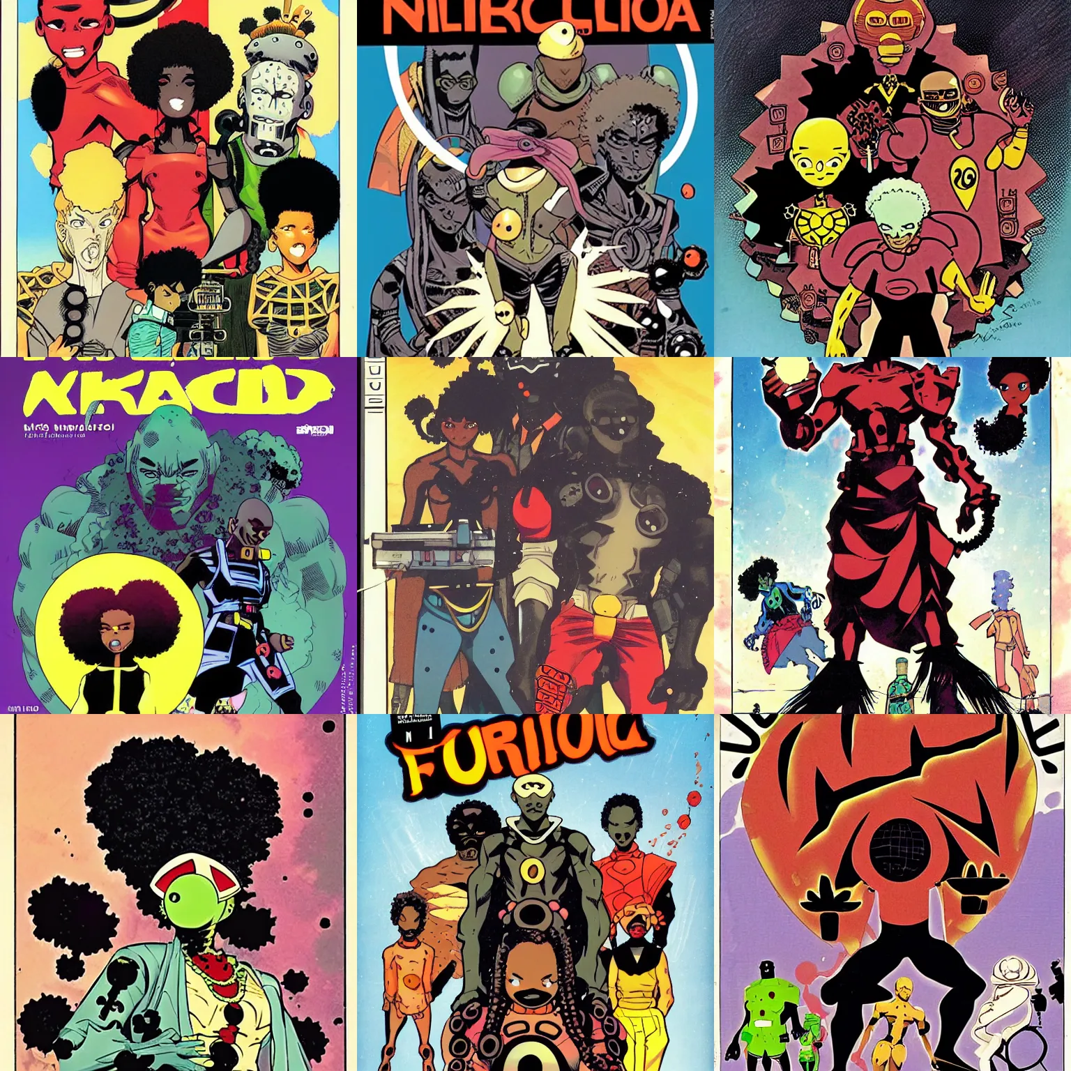 Prompt: afro futuristic manga cover by Mike Mignola