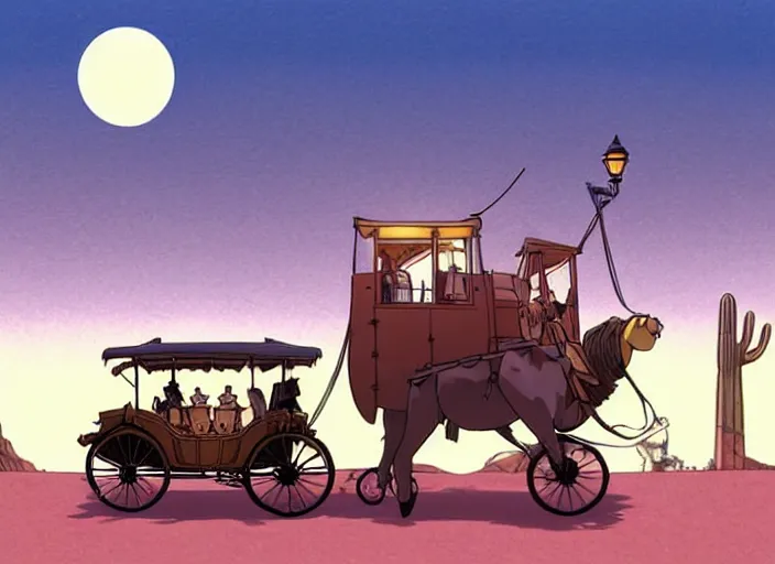 Prompt: a cell shaded cartoon of a stagecoach being pulled by two ostriches from howl's moving castle ( 2 0 0 4 ), on a desert road, lamp posts, in front of a pale full moon, full body, wide shot, very dull muted colors, studio ghibli, highly detailed, deviantart, art by artgem