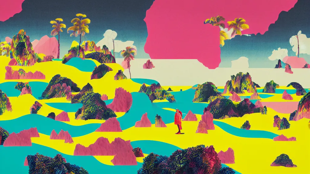 Prompt: dramatic landscape of okinawa prefecture, japan, a collage painting, in the style of wes anderson, lola dupre, okuda, david hockney, isolated on negative white space background dark monochrome neon fluorescent spraypaint accents volumetric octane render