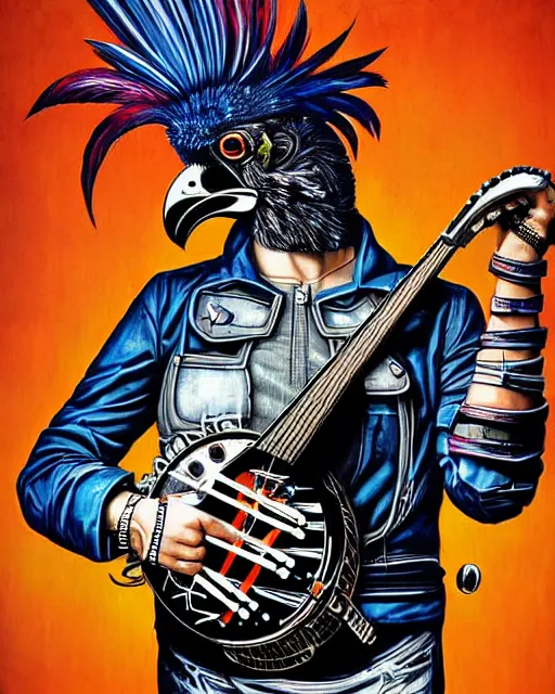 Image similar to a portrait of an anthropomorphic cyberpunk rooster shredding a banjo by sandra chevrier, by jon foster, detailed render, tape deck, epic composition, cybernetics, 4 k realistic, cryengine, realistic shaded lighting, sharp focus, masterpiece, by enki bilal