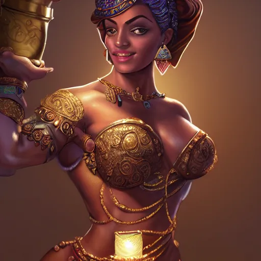 Image similar to a short haired genie, female, young, brown hair, brown skin, abs, emerging from her lamp, confident and smiling, insanely detailed and intricate, hypermaximalist, elegant, ornate, hyper realistic, super detailed, Art Deco, cinematic, trending on artstation, magic the gathering artwork, centered