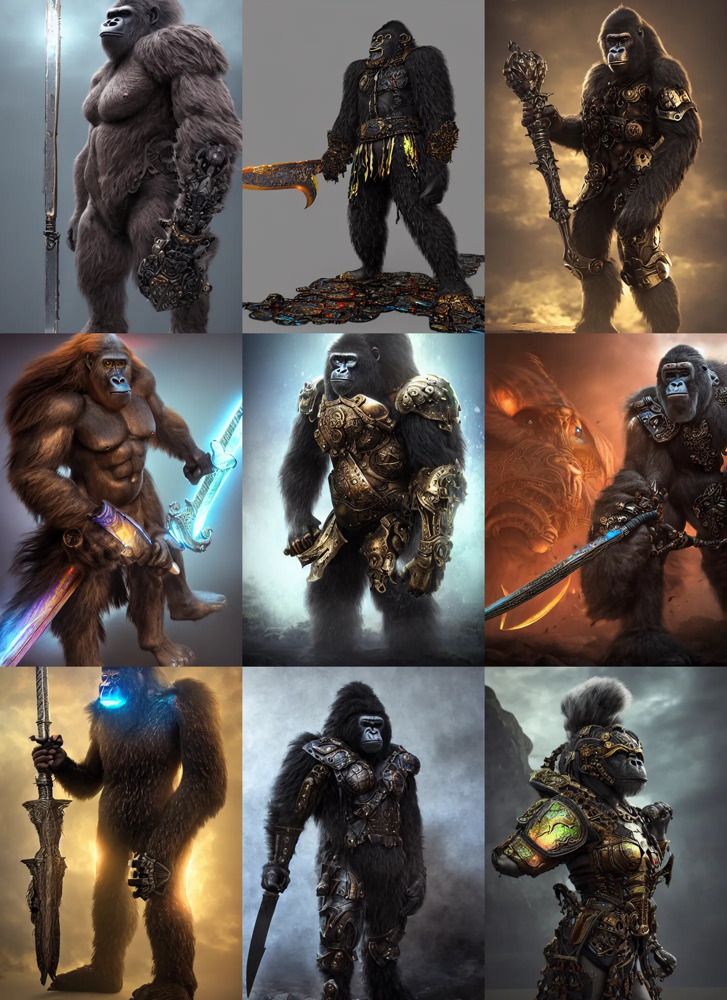 Prompt: , warrior gorilla, super realistic 8 k render of a dark hooded powerful elegant elite gorilla warrior wearing iridescent steampunk armor brandishing a celestial sword, extremely detailed, iridescent, high quality, epic, futuristic, octane render, beautiful, shimmering, deity leesha hannigan, ross tran, thierry doizon, kai carpenter, ignacio fernandez rios