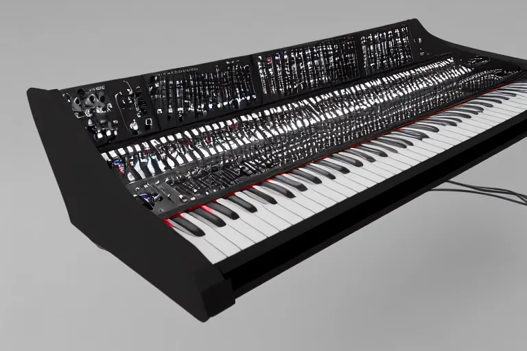 Image similar to dream synthesizer, ultradetailed, led, cables and wires, knobs, faders, octane render