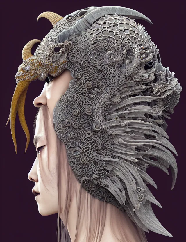 Image similar to 3 d goddess close - up profile portrait of cultist monk in hooded robe with ram skull. beautiful intricately detailed japanese crow kitsune mask and clasical japanese kimono. betta fish, jellyfish phoenix, bio luminescent, plasma, ice, water, wind, creature, artwork by tooth wu and wlop and beeple and greg rutkowski