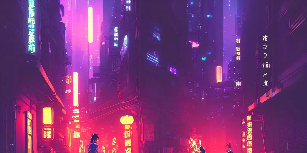 Image similar to digital illustration of cyberpunk geisha in city street at night by makoto shinkai, ilya kuvshinov, lois van baarle, rossdraws, basquiat | afrofuturism, in the style of hearthstone, trending on artstation | cool color scheme