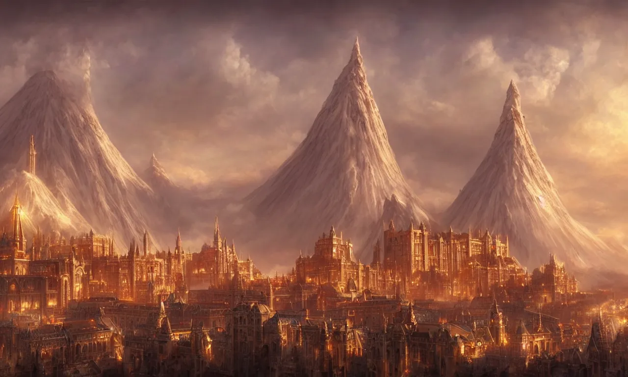 Image similar to beautiful gold fantasy city made from white stone and bright copper built on a volcano, gondor, misty, red sky, medieval city, metropolis, magic, gorgeous clouds, white marble, god rays, digital art, landscape, fantasy art, octane render, ureal engine, high detail, very realistic, by greg rutkowski. by james gurney