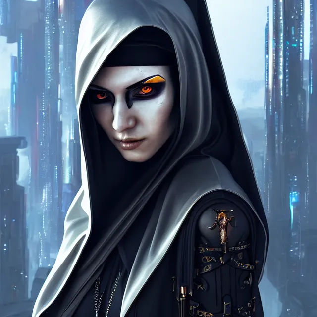 Prompt: cyberpunk nun warrior, highly detailed, 4 k, hdr, smooth, sharp focus, high resolution, award - winning photo, artgerm, photorealistic