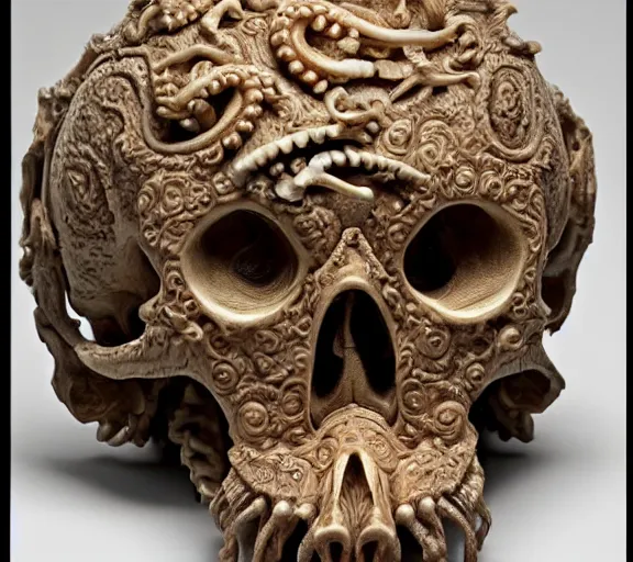 Image similar to an intricately detailed carving in an human - octopus skull, rococo ornate bone and ivory sculpted skull with teeth and tentacles, horror, artifact, micro detailed, inscribed with occult symbols, otherworldly