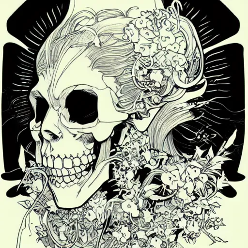 Image similar to anime manga skull portrait face skeleton illustration style by Alphonse Mucha and Jim Lee comic pop art nouveau