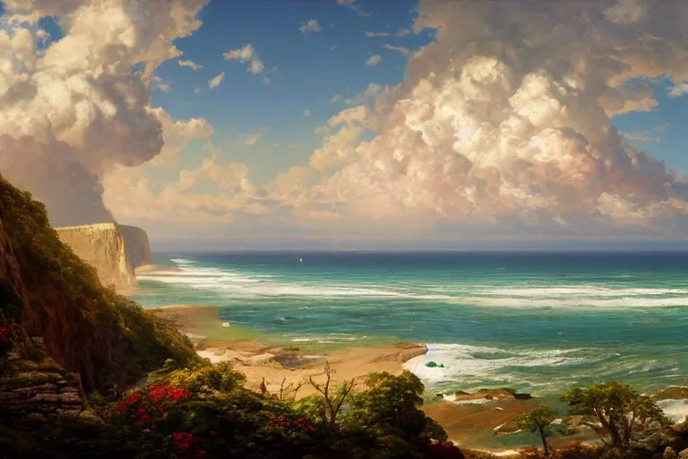 Prompt: The Cliffs of Dover on the right side with ruins on top and foliage, beach in the middle and blue skies, ocean and cumulonimbus clouds on the left, acrylic painting, highly detailed, saturated colors, by greg rutkowski and thomas kinkade trending on artstation