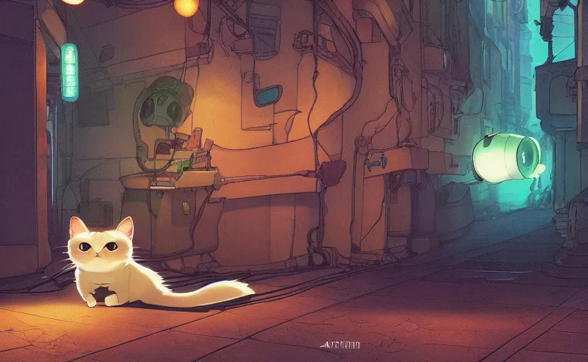 Image similar to an alien cat sleeping in a alleyway in a space opera utopian studio ghibli animated film, highly accurate cat, volumetric lighting, octane render by artgerm, alphonse mucha, loish, alena aenami, highly detailed