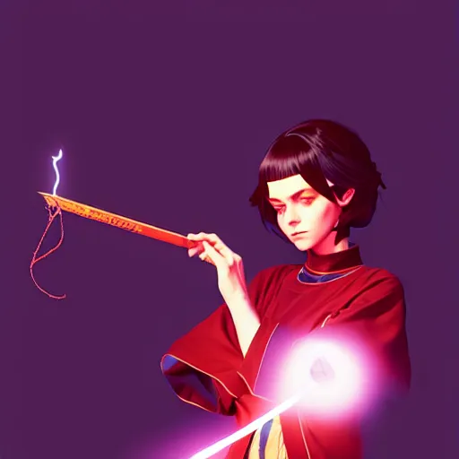 Prompt: a woman holding a magic wand casting a spell, concept art by Ilya Kuvshinov, contest winner, fantasy art, official art, concept art, high detail, experimental, high quality, hyperrealistic, 4k