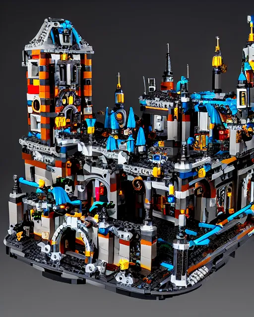 Image similar to a high quality photograph of an intricate complex lego set of a realistic cyberpunk castle