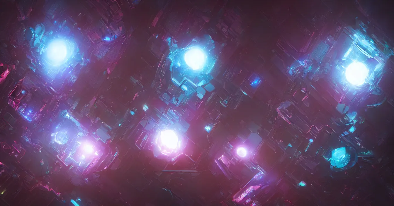 Image similar to Scifi concept art of magic tesseract, color difraction, aberrations, defocus, bokeh, in dark room, volumetry scattering, rendered in Vray, high samples