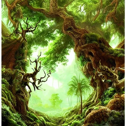 Prompt: A lush green ancient fantasy forest, with large trees and beautiful life, high details, realistic art.