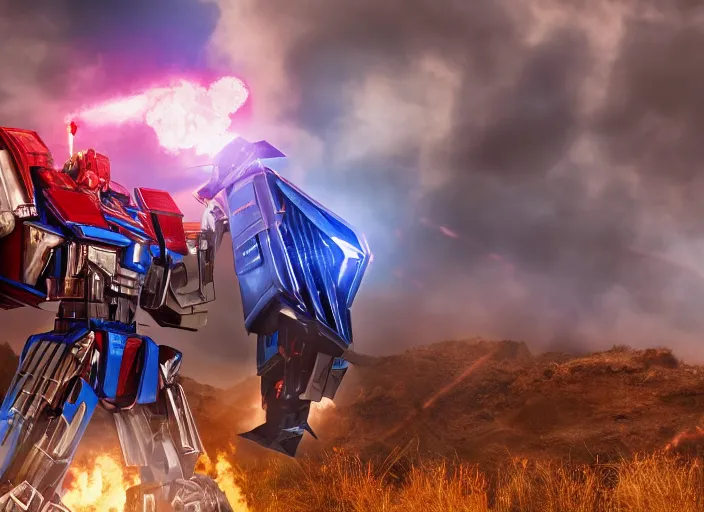 Image similar to optimus prime destroying a [ decepticon ], ultra realistic 4 k unreal engine very cinematic render with ray tracing bloom ambient occlusion strong reflections depth of field fog