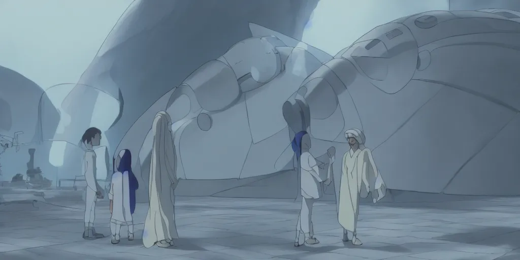 Image similar to an asymmetrical cell - shaded studio ghibli concept art study of a giant silver hovering ufo and an elegant alien greeting a middle eastern merchant. very dull colors,, hd, 4 k, hq