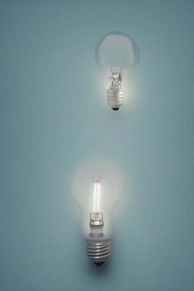 Image similar to a portrait of a man who has a light bulb instead of a head, photorealistic, detailed, in the background a cyan wall , octane render, hyper realistic