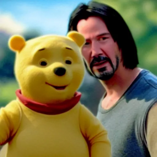 Image similar to A still of Keanu Reeves as Winnie the Pooh