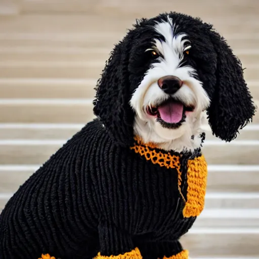 Image similar to a closeup photorealistic photograph of a cute smiling knitted bernedoodle judge dog dressed in a black gown, presiding over the courthouse. indoors, professional capture, well lit shot. this 4 k hd image is trending on artstation, featured on behance, well - rendered, extra crisp, features intricate detail, epic composition and the style of unreal engine.