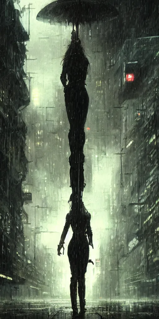 Image similar to a concept art landscape of a woman in the foreground, back to camera, standing in a claustrophobic neotokyo city, standing in the rain with an umbrella, wet, emphasis on tall buildings, dirty, low angle, neotokyo, japanese by greg rutkowski, highly detailed background, intricate