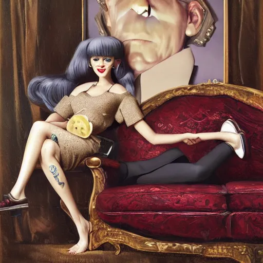 Image similar to lofi portrait on antique sofa, pixar style by Jonathan Yeo and Tom Bagshaw and Joe Fenton