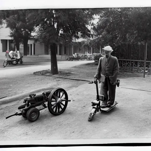 Image similar to photograph of an eldery gentleman towing a howitzer! artillery! which is connected to his mobility scooter, on a street