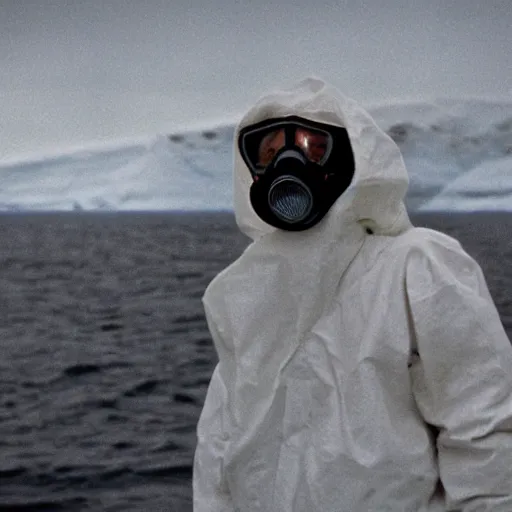 Image similar to a man wearing a hazmat suit and gasmask, in antarctica, film still, arriflex 3 5