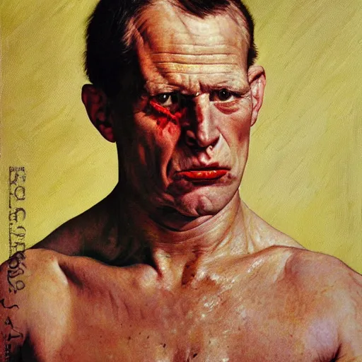 Prompt: high quality high detail painting by norman rockwell and lucien freud, hd, portrait of a dangerous professional wrestler, intense demonic look in the eyes, photorealistic lighting