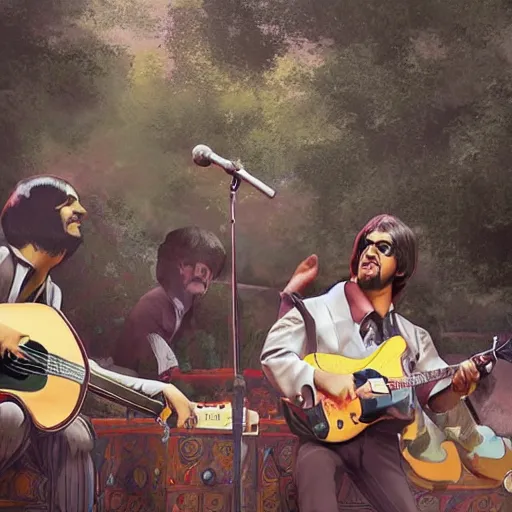 Image similar to pedro sanched playing music with the beatles at woodstock, highly detailed, artstation, 4k