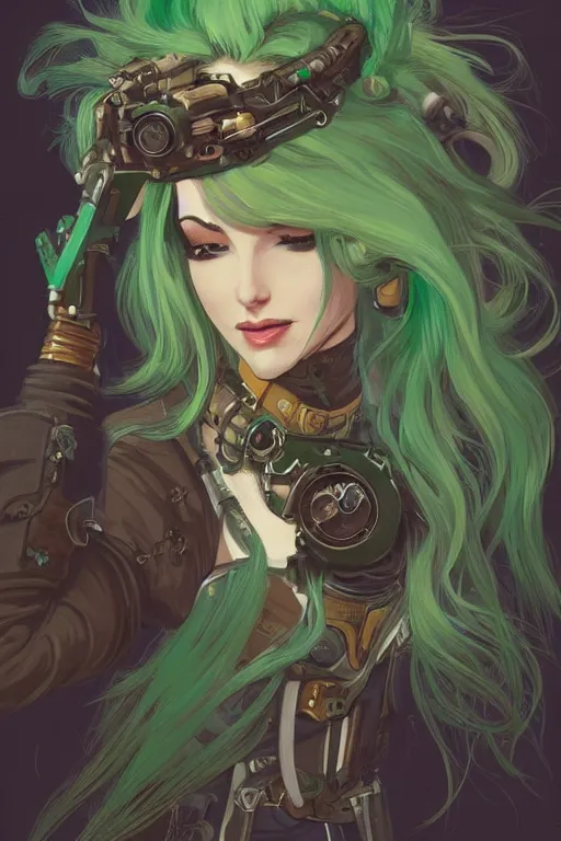 Image similar to beautiful woman with green hair as steampunk partial - cyborg, western gunslinger, smooth, sharp focus, illustration, highly detailed, digital painting, artstation, concept art, by disney animation, rossdraws, alphonse mucha, frank fanzzeta, collectible card art