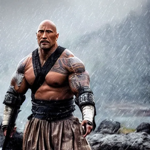 Image similar to Dwayne Johnson as samurai , under rain, dramatic, war ambience, an film still