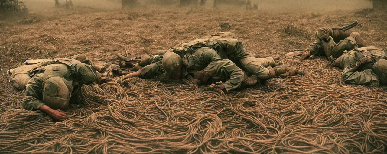 Image similar to dead soldiers on the battlefield, wrapping spaghetti, fog of war, canon 5 0 mm, high detail, intricate, cinematic lighting, photography, wes anderson, film, kodachrome