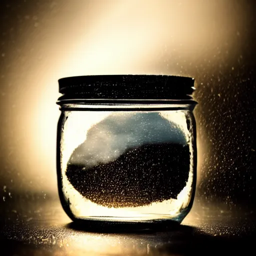 Prompt: A photo of a tiny rain storm inside a jar,dark clouds inside a jar, studio photo, highly detailed,studio lighting