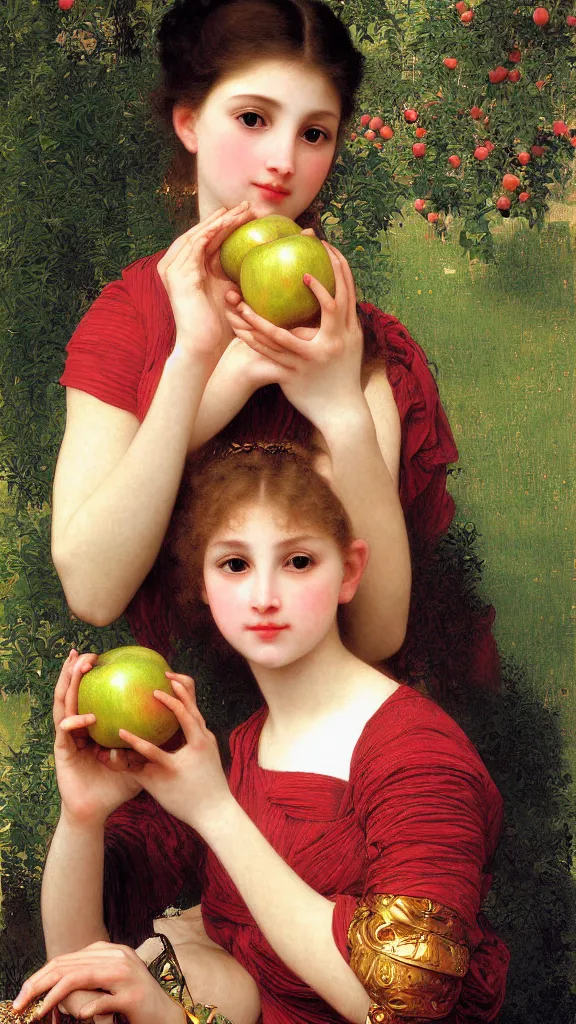 Image similar to painting portrait of a beautiful girl with an apple in her hand, intricate, elegant, digital painting, smooth, sharp focus, shiny gold, realistic gold, realistic metal, by William-Adolphe Bouguereau and Gustav Klimt,