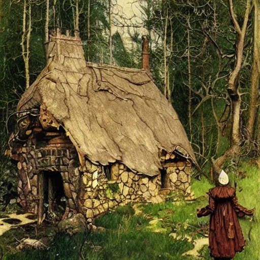 Image similar to witch cottage in the forest, art by norman rockwell and donato giancola and greg rutkowski, vintage art, realistic