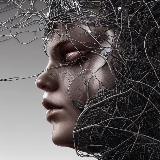 Prompt: a highly detailed digital image of a futuristic woman shattered and beautifully entangled in vines, by Andrew Chiampo, artstation, and Frederik Heyman, extremely detailed woman, stunning volumetric lighting, hyperrealism, fantasy. 4k