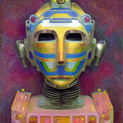 Prompt: painting of an android robot wearing a mask made of flowers, by annie swynnerton and diego rivera and ( ( tino rodriguez ) ), symbolist, dramatic lighting, elaborate geometric ornament, art brut, soft cool colors, smooth, sharp focus, extremely detailed, adolf wolfli