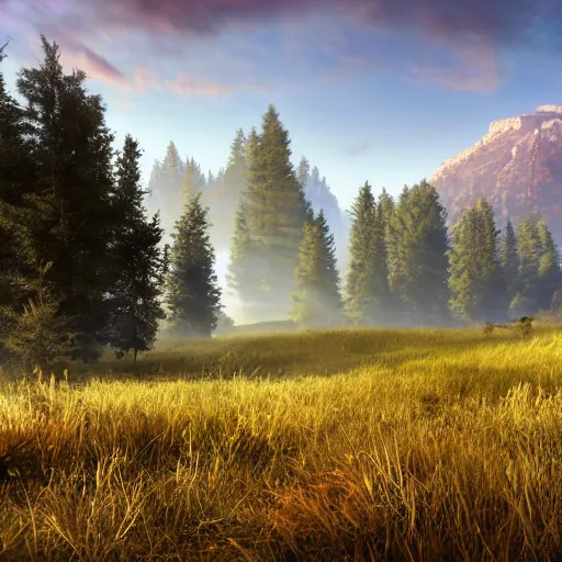 Prompt: magical landscape with a meadow in the foreground, a forest in the background and a mountain on the horizon, realistic, detailed, cinematic light, art by unreal engine 5 art