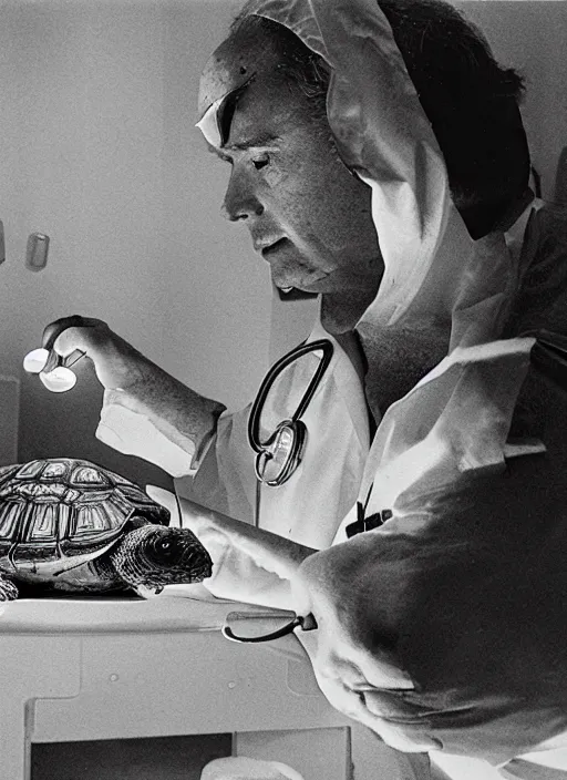 Image similar to doctor examining a small tortoise under bright operating room lights, closeup, 2 4 mm wide angle, technicolor