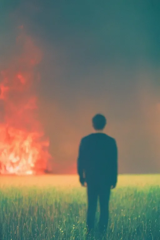 Prompt: agfa vista 4 0 0 photograph of a guy on fire standing in a field, back view, synth vibe, vaporwave colors, lens flare, moody lighting, moody vibe, telephoto, 9 0 s vibe, blurry background, grain, tranquil, calm, faded!,