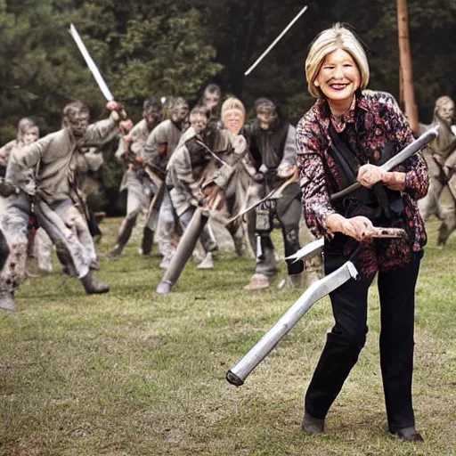 Prompt: Martha Stewart grinning while slaying an army of zombies with a samurai sword, realistic, photograph