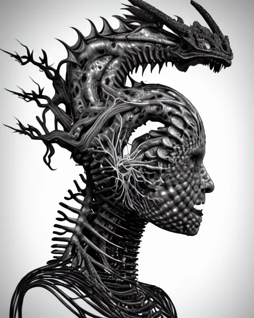 Prompt: a black and white high quality photo of a young beautiful female queen-dragon-cyborg bust with a very long neck and Mandelbrot fractal face, Mandelbrot fractal skin, flesh, anatomical, facial muscles, veins, arteries, elegant, highly detailed, flesh highly baroque ornate, hair are cable wires, elegant, high fashion, rim light, octane render, in the style of H.R. Giger and Man Ray, Realistic, Refined, Digital Art, Highly Detailed, Cinematic Lighting, Dramatic light, rim light, black and white, photo-realistic, 8K