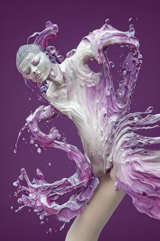 Prompt: epic 3 d abstract model, liquid hands and feet spinning, 2 0 mm, with white and pastel purple peanut butter, melting smoothly into asymmetrical 🍉 🌊, liquid, delicate, beautiful, intricate, houdini sidefx, trending on artstation, by jeremy mann and ilya kuvshinov, jamie hewlett and ayami kojima