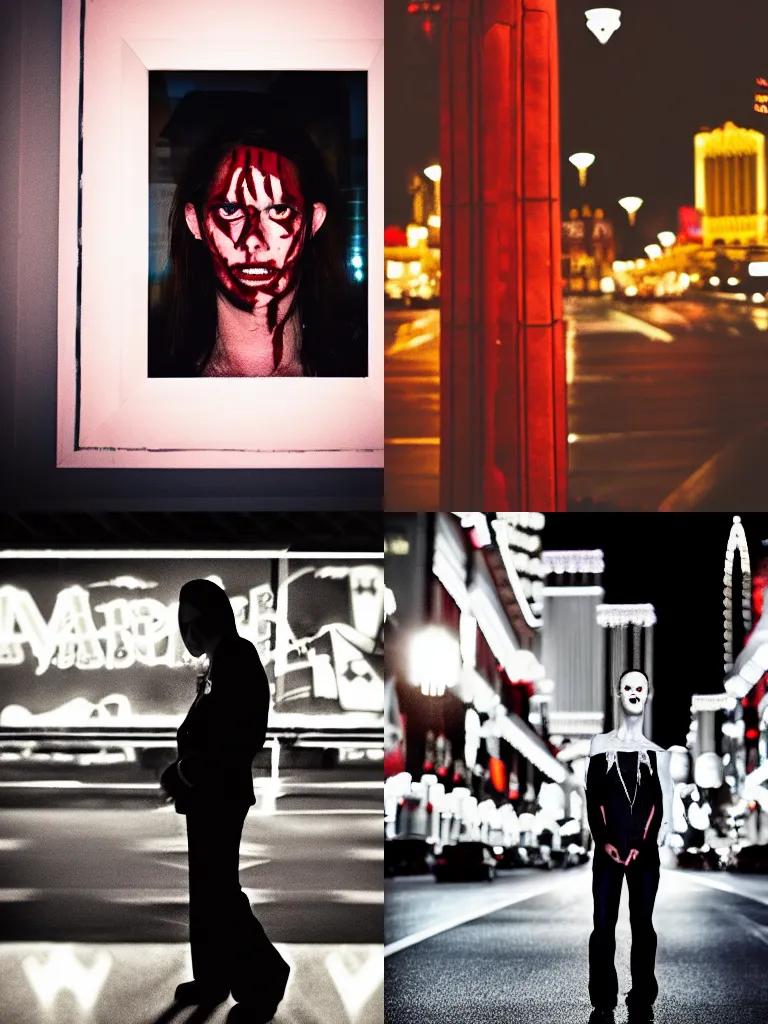 Prompt: portrait of a vampire in Las Vegas at night, blood,35mm f1.8, color, behance, trending on instagram