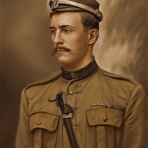 Image similar to a detailed photorealistic sepia - toned color portrait photo of a 1 9 1 7 worried clean - shaven british lieutenant in detailed field gear not wearing a hat in wadi rum, ultra realistic, painted, intricate details, lovecraft, atmospheric, dark, horror, brooding, highly detailed, by clyde caldwell