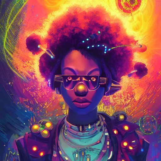 Image similar to afro - cyberpunk deities unseen amongst their creations, a society manifesting dreams with cosmic ancestral magic in a post - modern techno world | hyperrealistic oil painting | by makoto shinkai, ilya kuvshinov, lois van baarle, rossdraws, basquiat | afrofuturism, in the style of surrealism, trending on artstation | dark color scheme