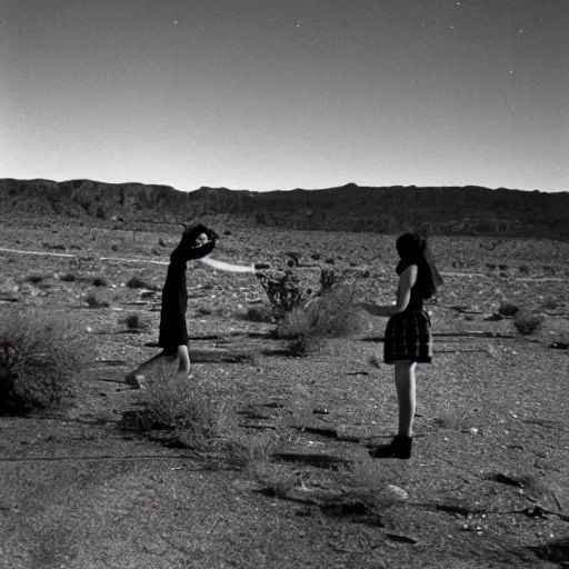 Prompt: 1 9 6 0 s utah desert at night stars in sky background ufo crash fire women and child in awe terrified faces alien arm reaching