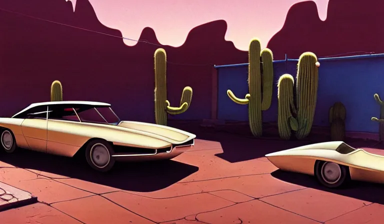 Image similar to a cinematic matte painting of a sleek 1 9 6 0 s vaporwave retro - futurism sci - fi car in a cluttered garage in the american southwest. cactus. by eric lafforgue, glennray tutor and edward hopper, greg rutkowski. trending on artstation.